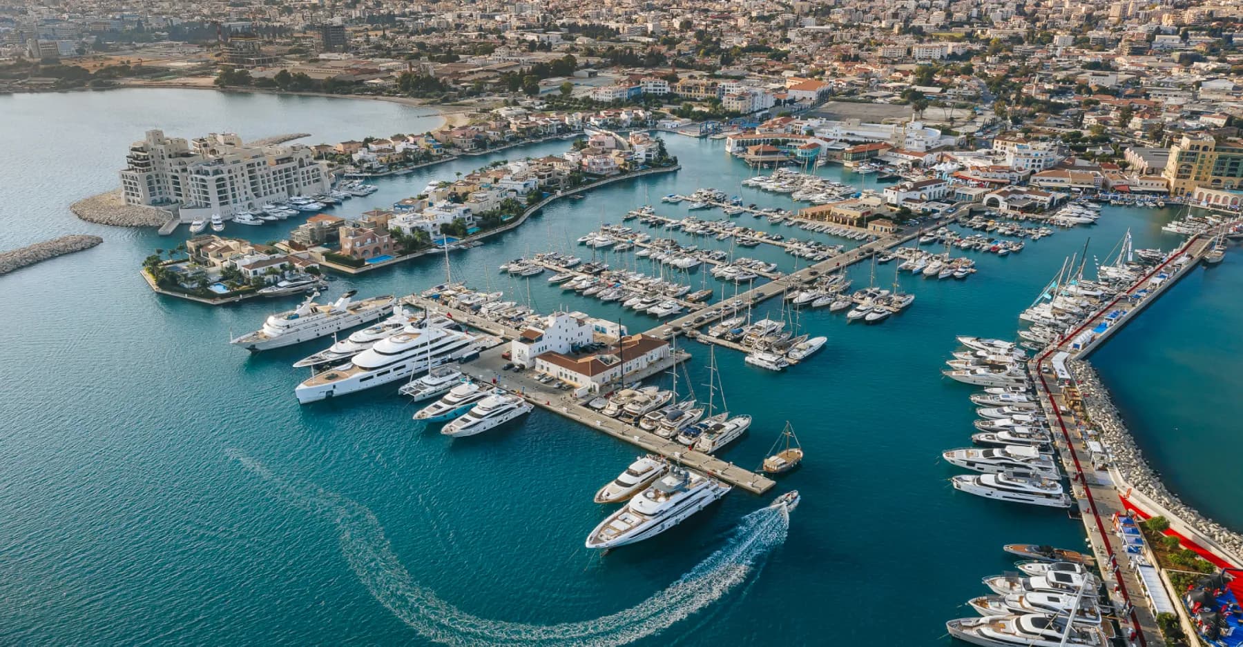 Limassol Marina aerial view showing the marina, berths, and surrounding facilities