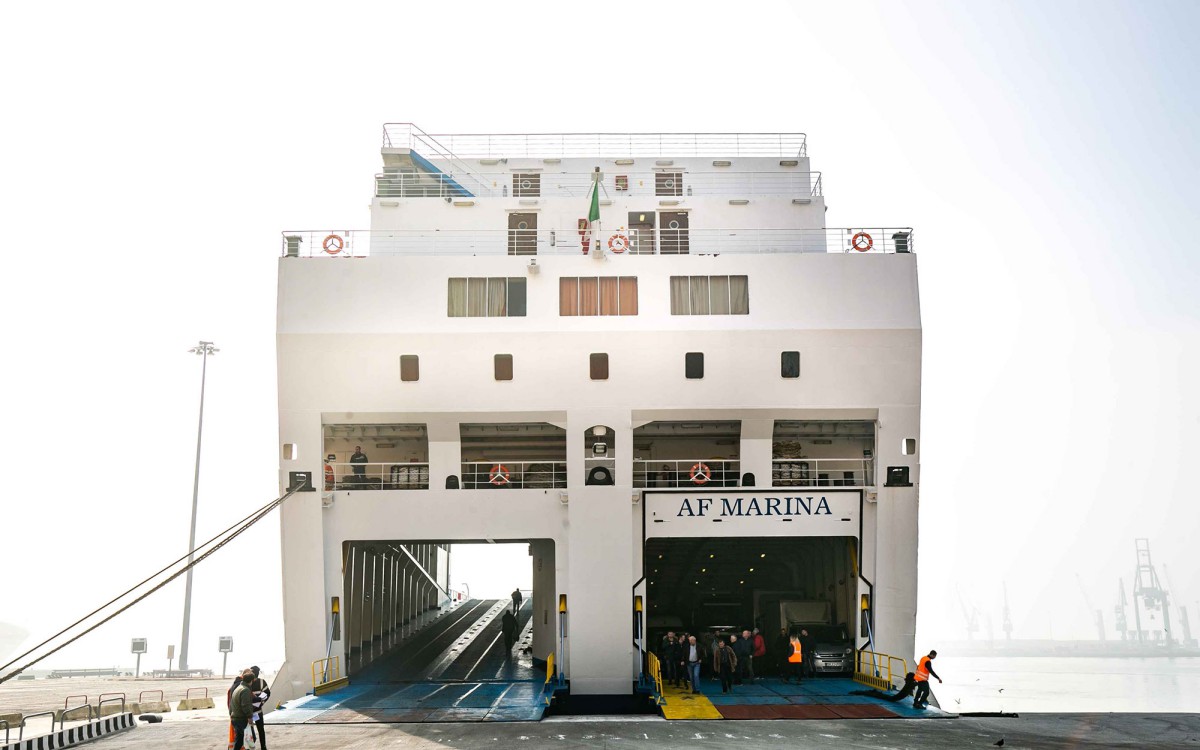 Car deck and garage aboard the AF Marina ferry — RoRo vehicle and truck transport to Cyprus