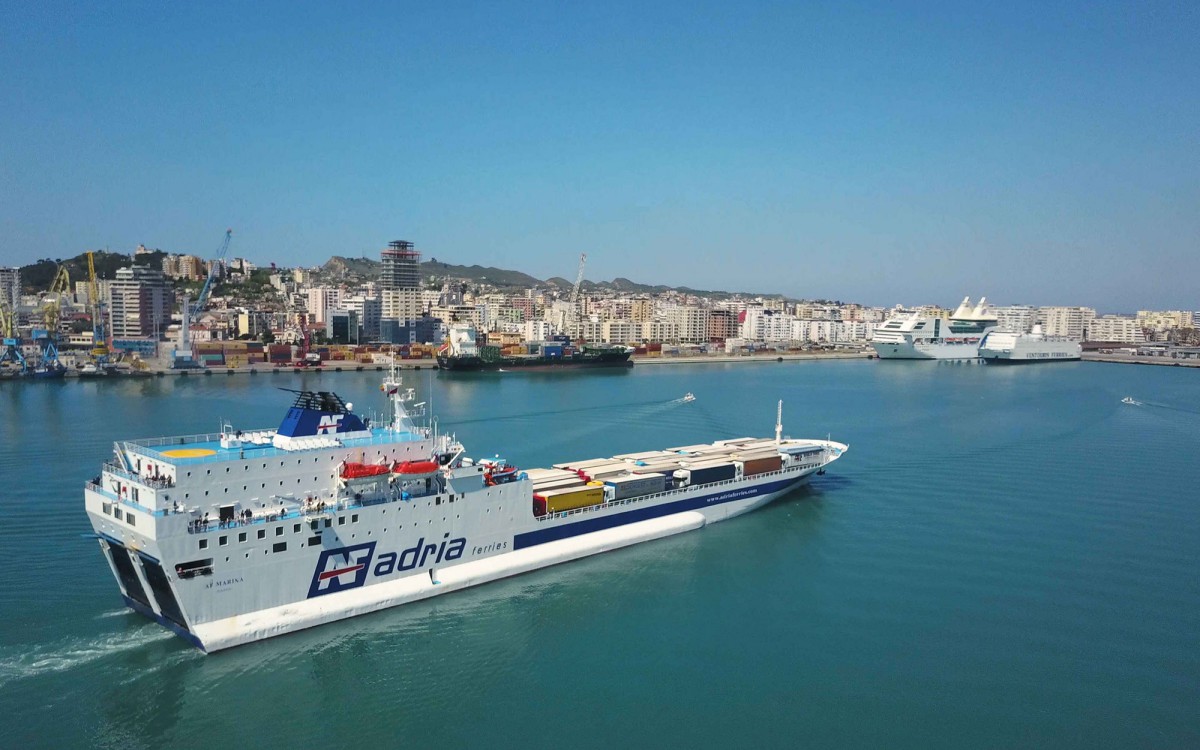AF Marina ferry at sea — Italian-flagged RoPax vessel operating the Limassol–Piraeus route