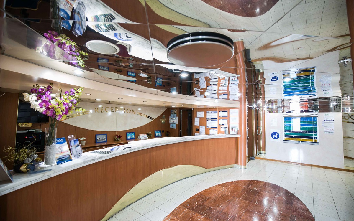 Reception desk and purser office aboard the AF Marina Limassol–Piraeus ferry