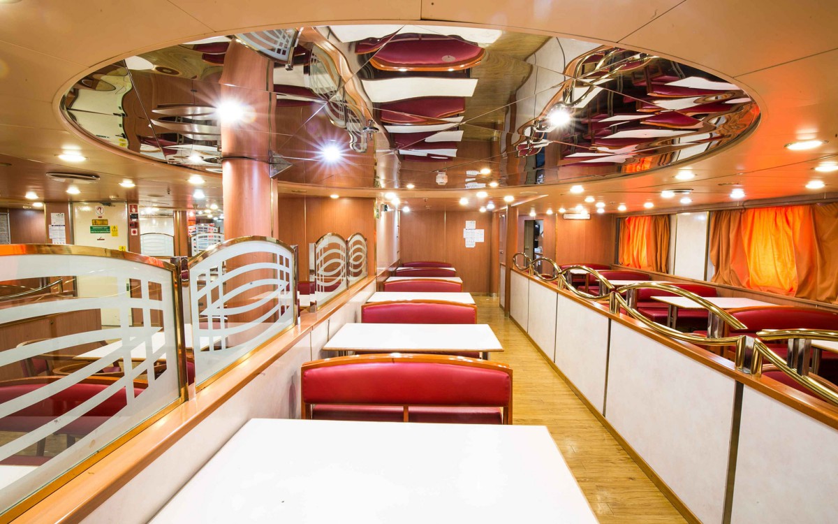 Self-service restaurant and dining area aboard the AF Marina ferry